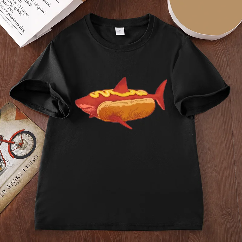 Hot Dog Shark Graphic T Shirt Men Women Funny Animal Meme T-Shirts Casaul Round Neck Cotton Short Sleeve Tshirts Clothing Tops