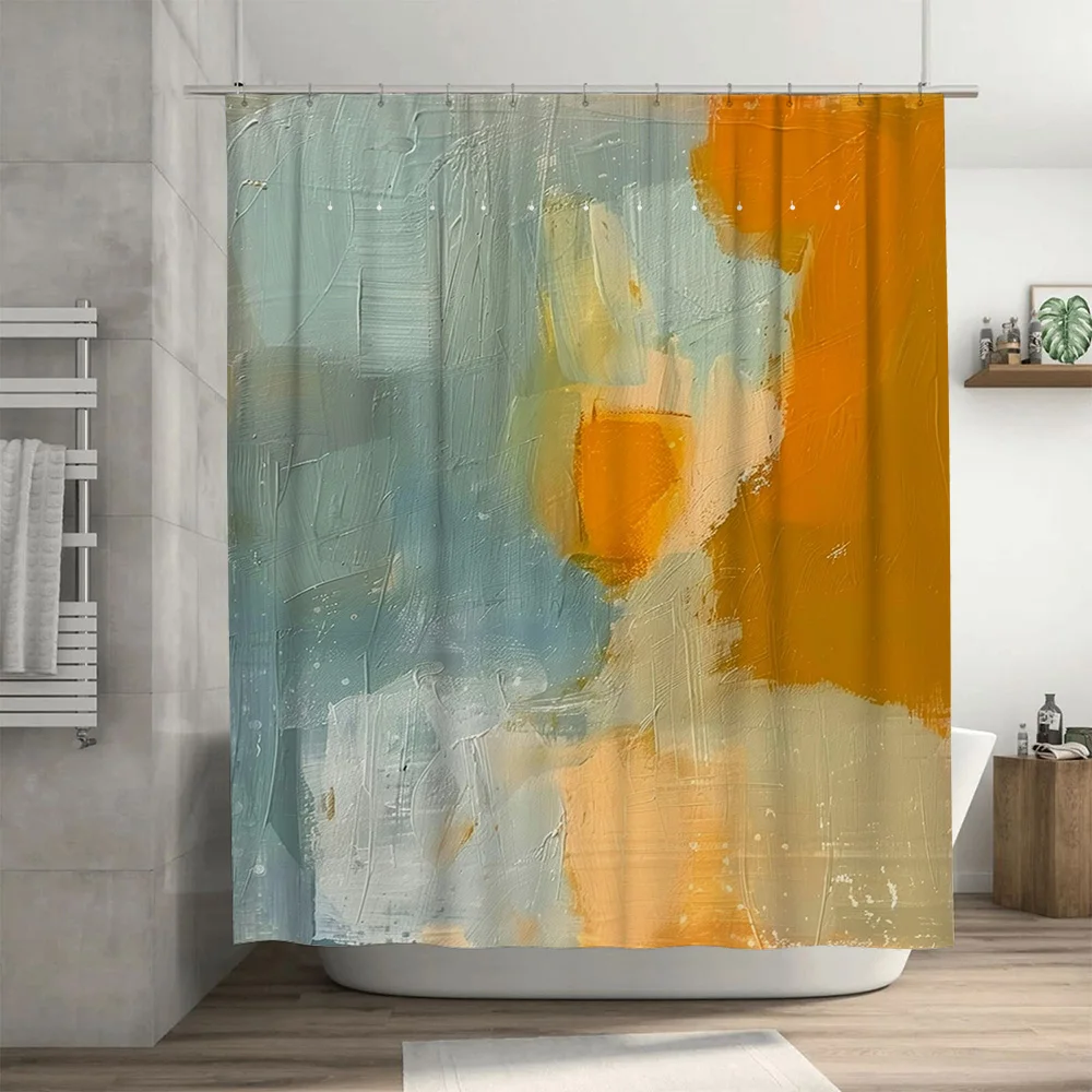 ستارة حمام رسم زيتي تجريدي بألوان زرقاء وأصفر لديكور الحمام ستائر الدش الفنية الحديثة