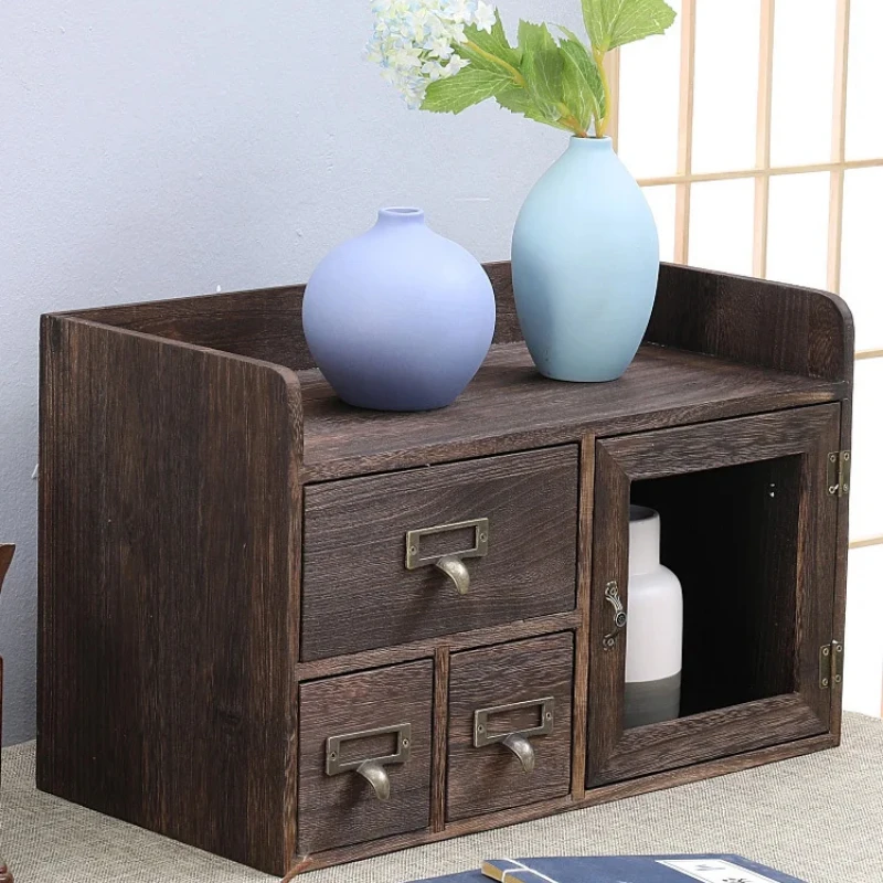 Multi-Layer Solid Wood Tea Cabinet Elegant Office Desk Organizer Bedroom Jewelry Storage Dustproof Tea Set Organizer Drawers