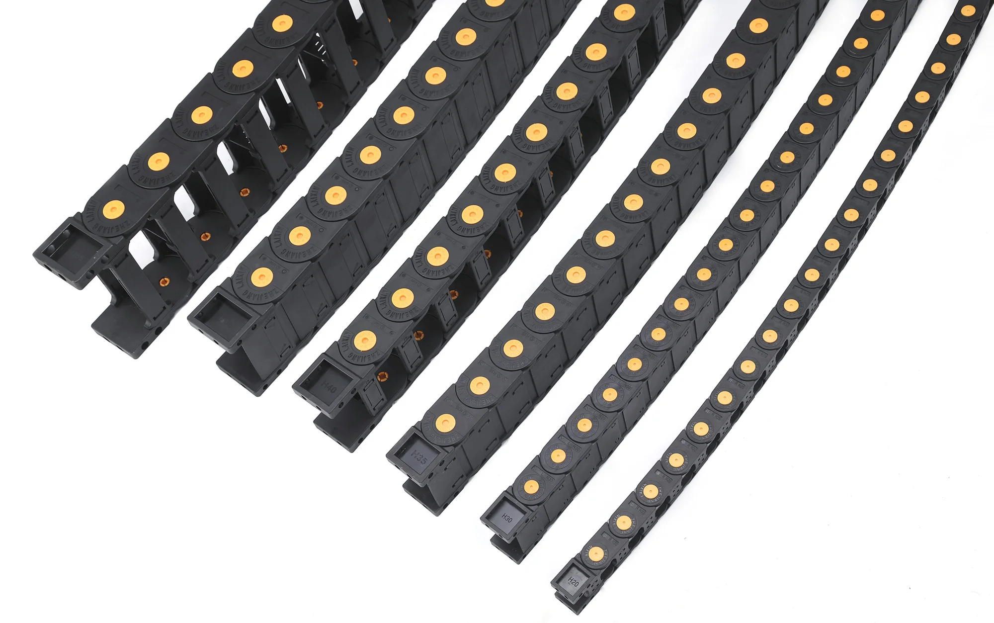PA66 Nylon Bridge Type Cable Carrier with Snap-Open Yellow Clip & Separator Plates, CNC Energy Chain Manufacturer Direct