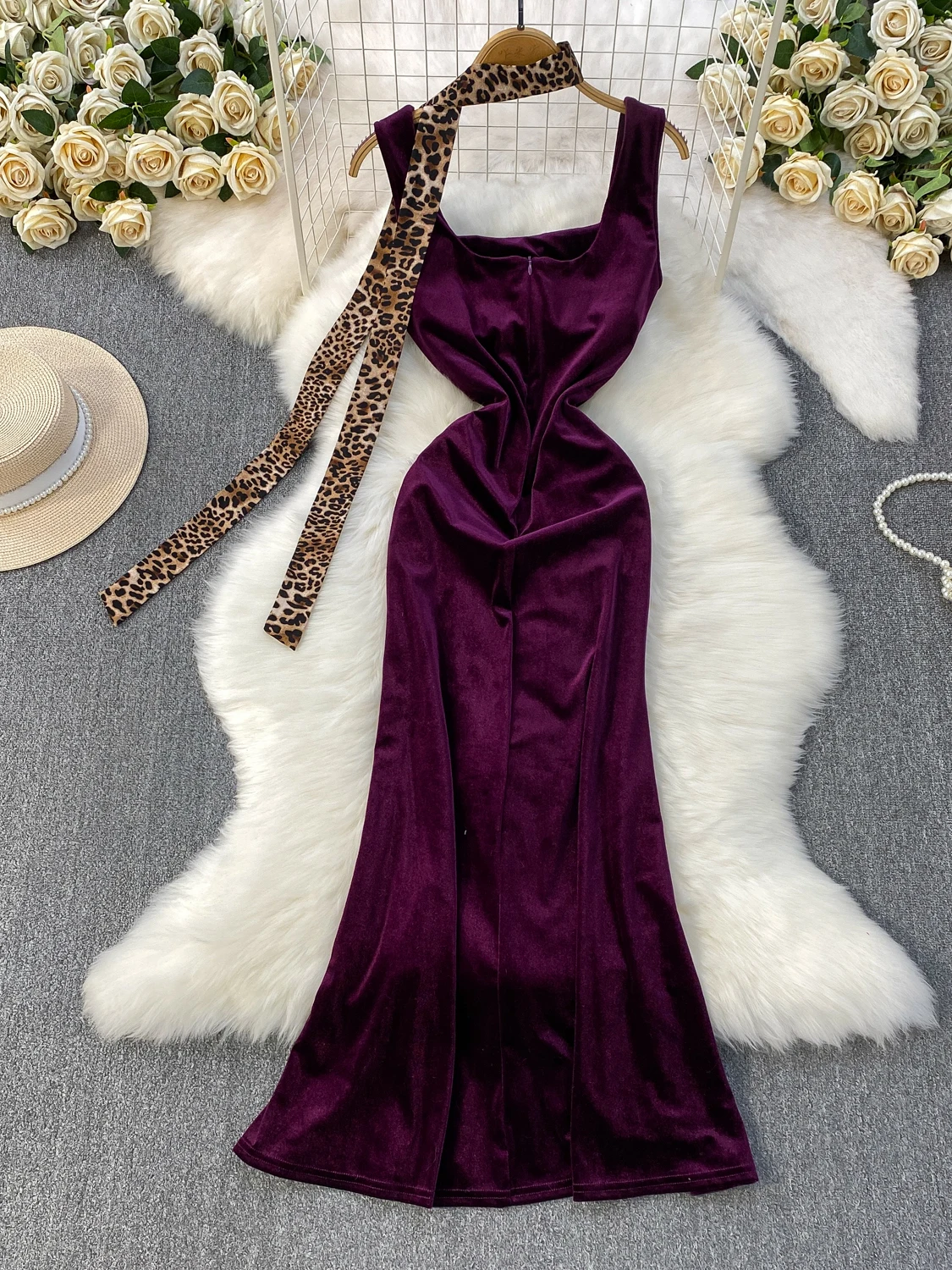 Hebe Sle Fluwelen Lange Dr met Borstkussen Vierkante Kraag Zijsplit Hoge Taille A-lijn Rok Ele Ladylike Herfst Winter Dr