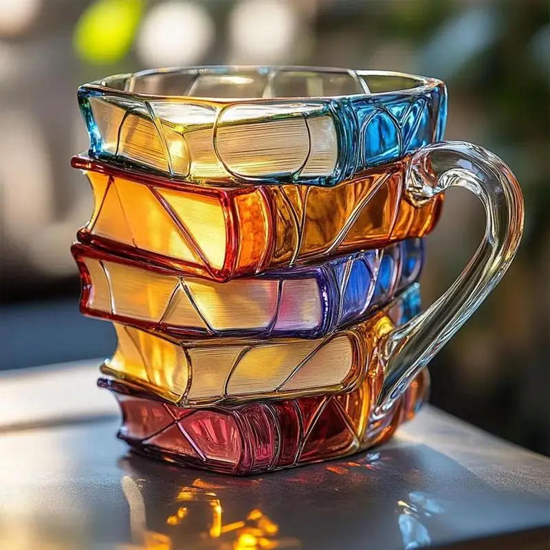 

Painted Book Mug, 3D Painted Glass Coffee Cup, Unique Books Stack Design, Classic Perfect Gift for Literature Lovers & Daily Use