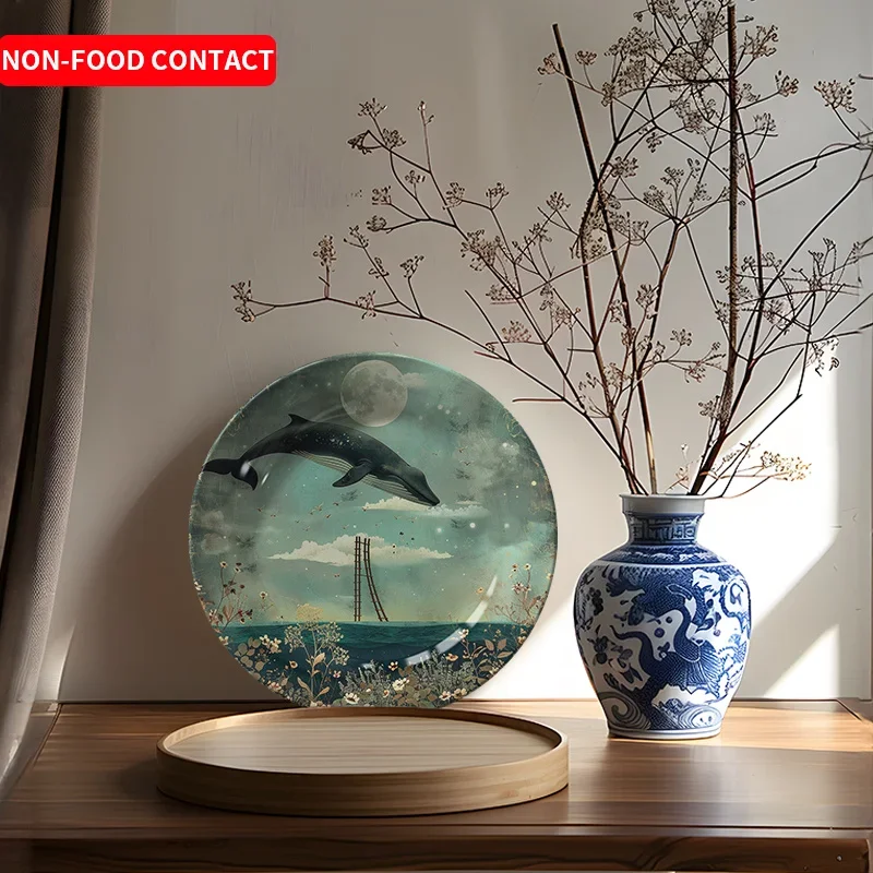 1pc Whale Jumping Over Ladder Ceramic Decorative Plate Creative Minimalist Home Decor Living Room Bedroom Wall Ornament