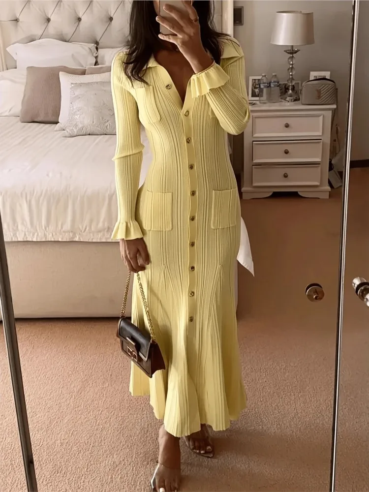 

Elegant Knitted Dress For Women Slim Lapel Flare Sleeve Pockets Female Dresses Autumn Lady Solid Long Dresses Fashion Vestidos