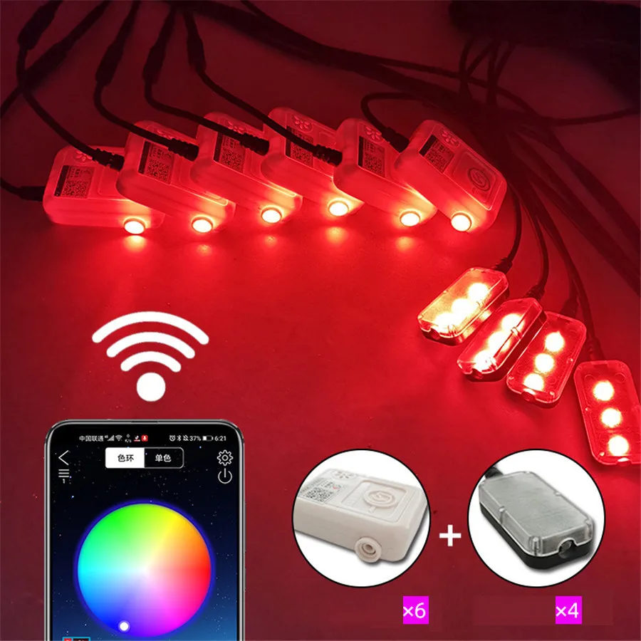 Car Ambient Light Foot Lamp 3W X RGB (6 + 4) Wireless No Threading 6M Optical Fibre App Control with Touch Color button