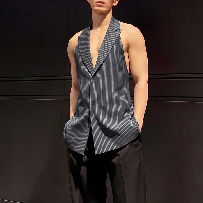 INCERUN Men's Vests Striped V Neck Sleeveless Backless Hollow Out Male Waistcoats Streetwear 2026 Fashion Lace Up Vests For Man