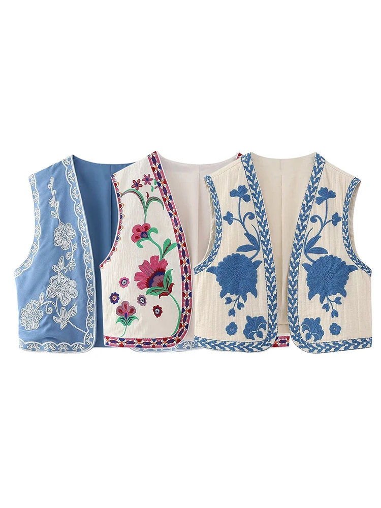 HH سترة نسائية عتيقة مطرزة بالزهور 2024 كاجوال بدون أكمام سترة بوهو مقصوصة صدرية ملابس خارجية فضفاضة #1