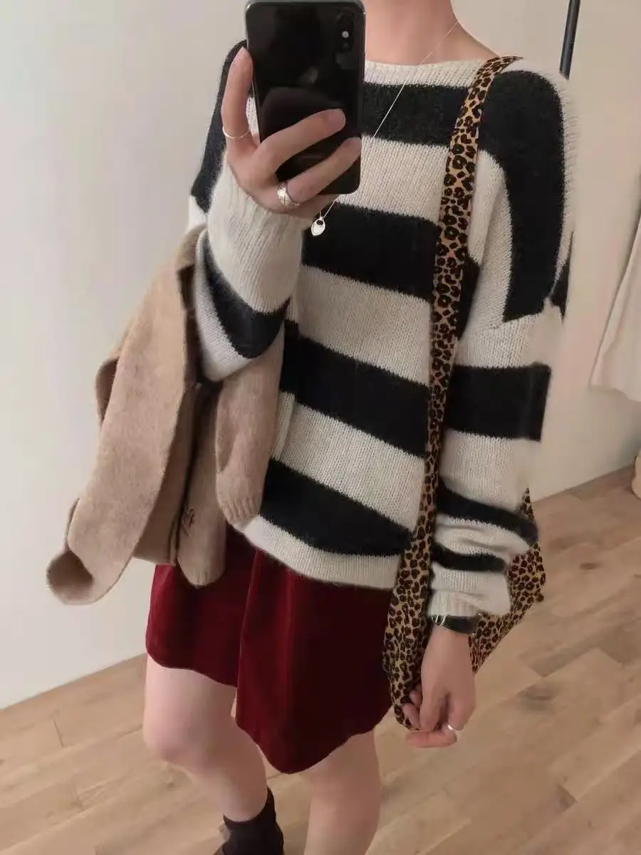 

Женский свитер из 100% шерсти с круглым вырезом, вязаный цвет, повседневный свободный осенне-зимний женский пуловер с одним воротником и длинным рукавом, новинка