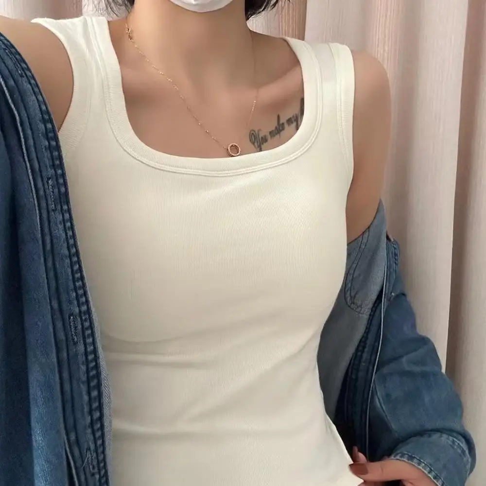 Square Collar Vest Wide Shoulder Strap Vest Outdoor Wear With Chest Pad Slim Fit T-Shirt Faionable Innerwear Base Tops Vest