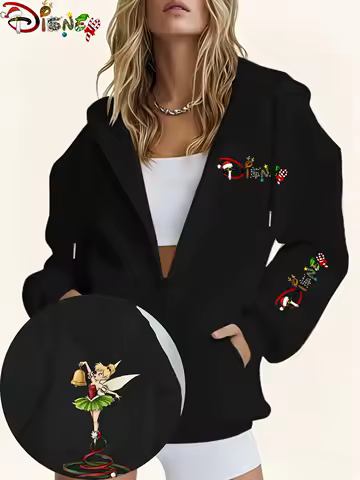 Tinker Bell Hooded Jacket for Women, Disney Tinker Bell &amp; Fairy Dust Print, Soft Lining, Comfortable Winter Coat, Autumn Fashion