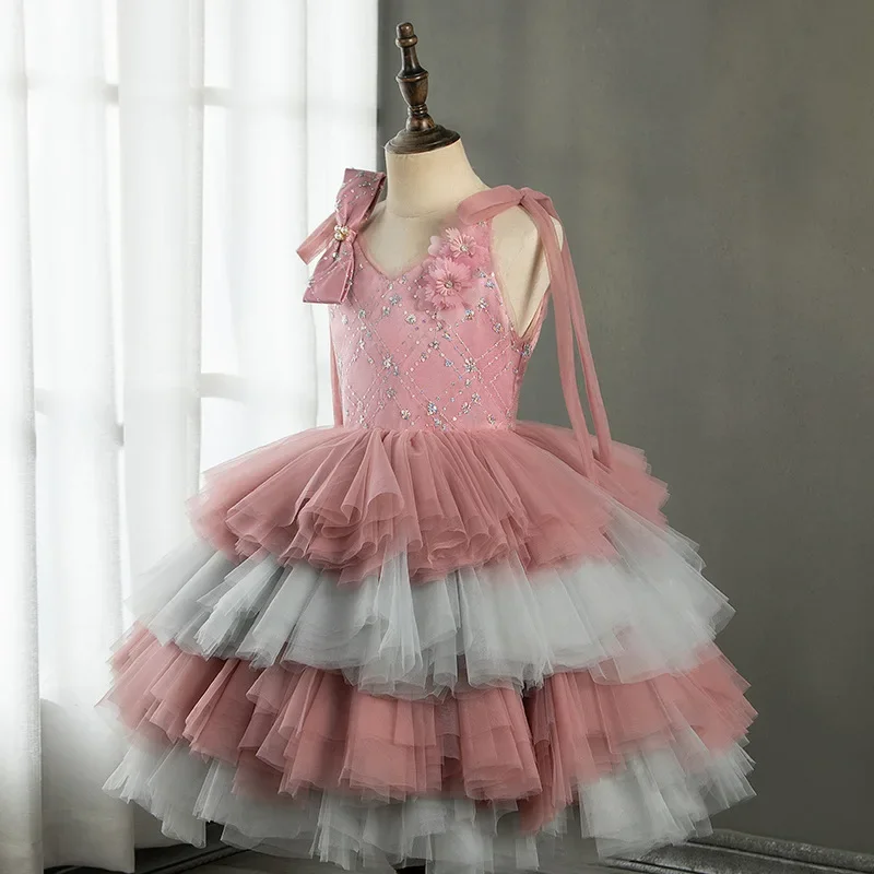 Customized Temperament Trendy Girls Birthday Party Dresses Sleeveless Sling Flower Girl Gowns Tiered Sequined Bow Ball Gown Prin