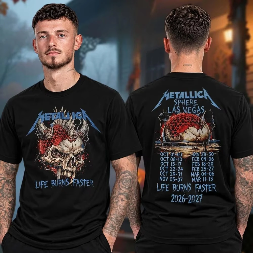 2026 Summer Metallica Life Burns Faster Red Burst Hot Front Back Print Black T-Shirt Unisex Oversized Metal Cotton Tee