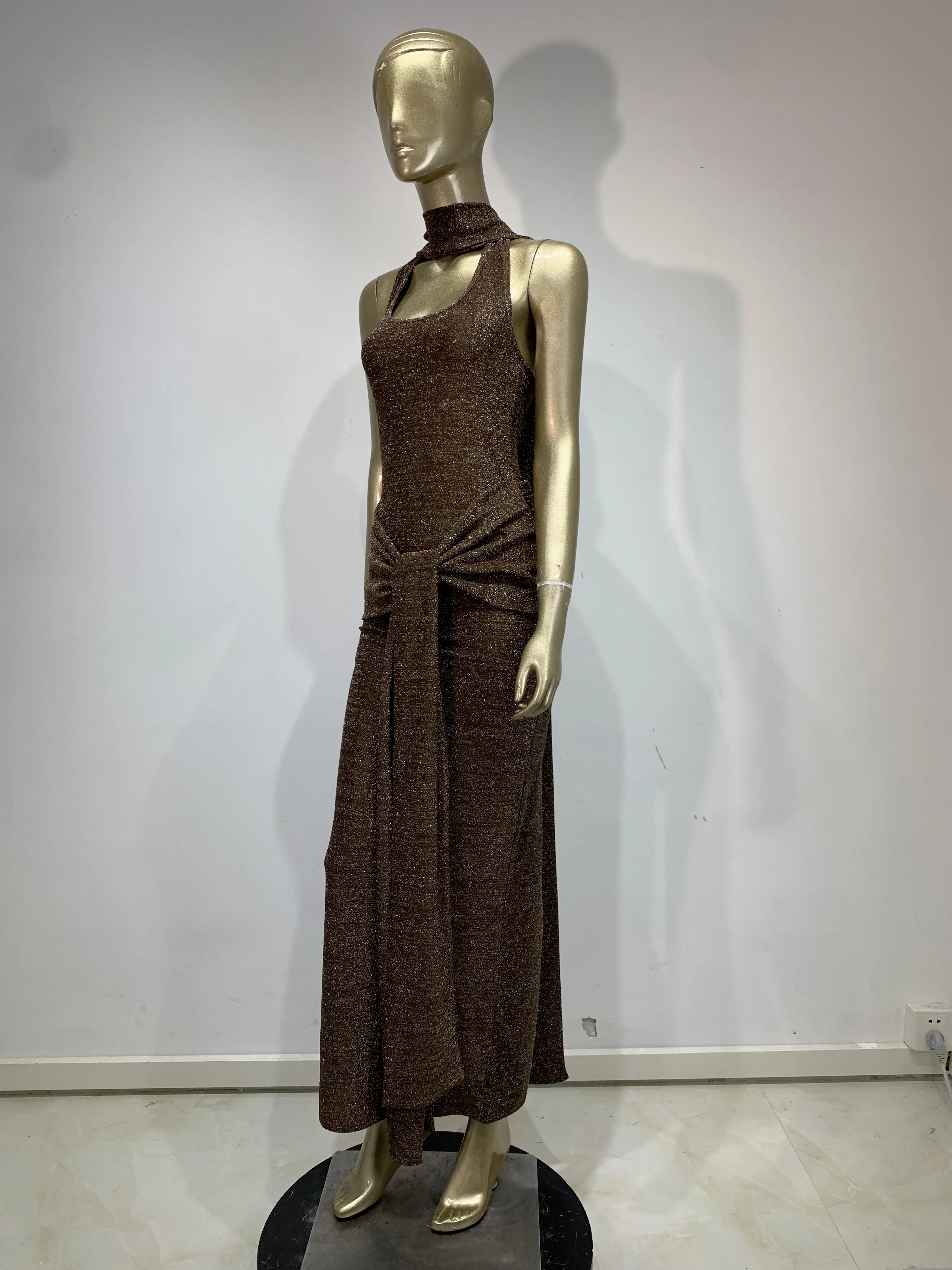 Femmes de luxe marron vif robe d'été Style Patchwork avec écharpe longue célébrité soirée Club robe de soirée haute rue vacances tissu
