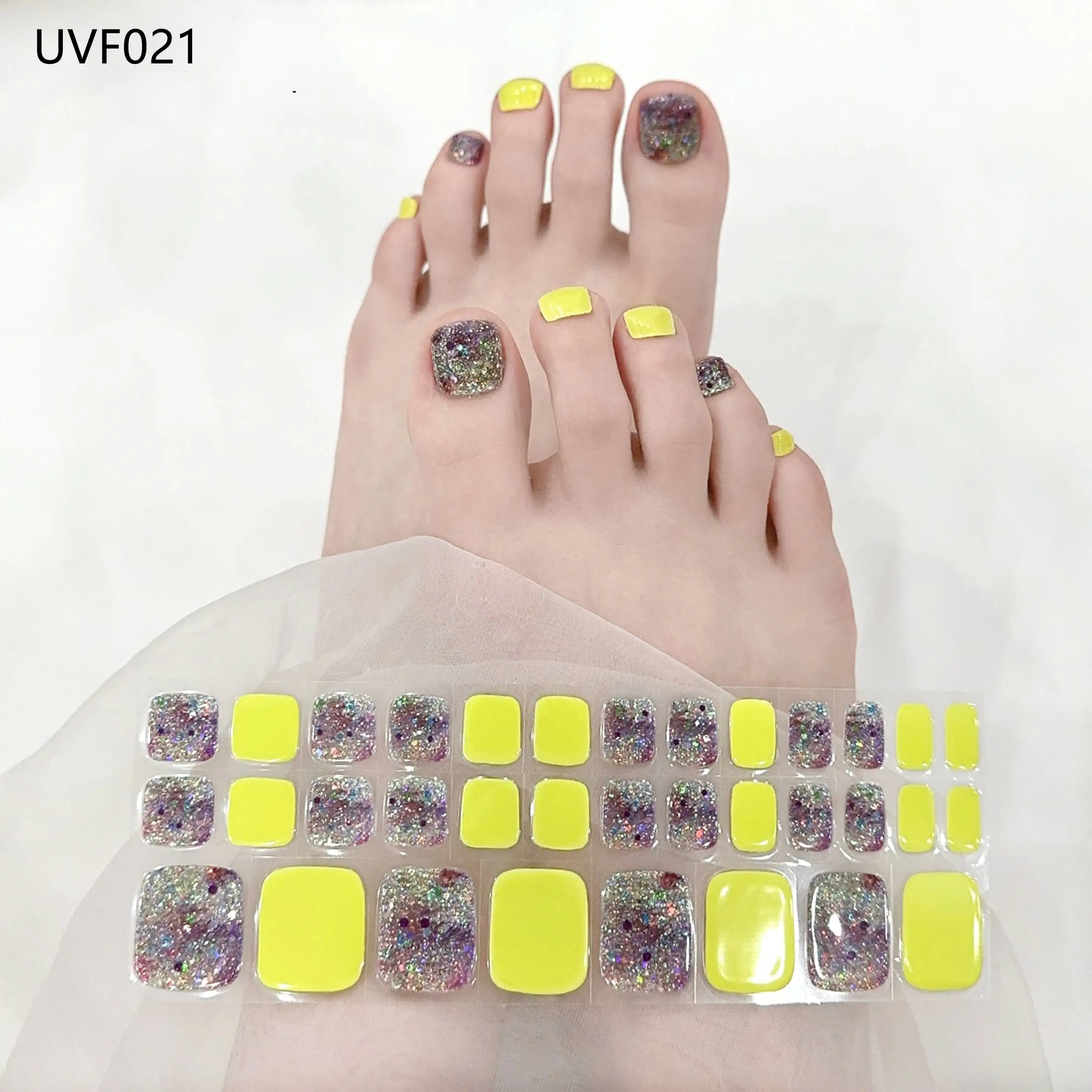 34Tips Flash Powder French White Edge Gel Nail Sticker Nude Color Toe Nails Wearable Short Flat Shape Foot Toe Stickers