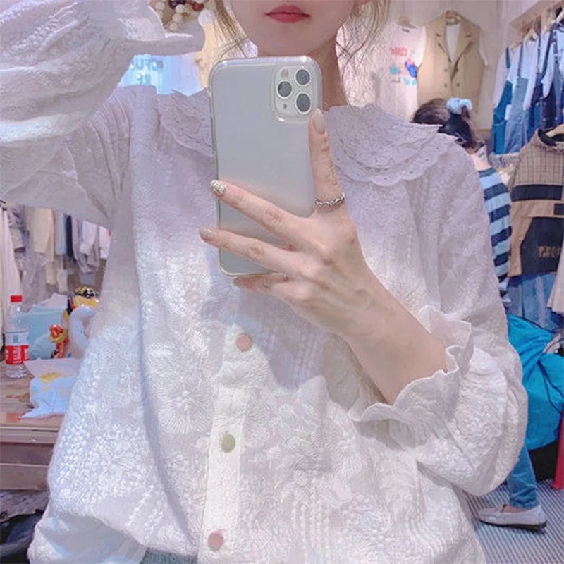 Spring Autumn Doll Collar White Embroidery Buttons Shirt Women Elegant Fashion Long Sleeve Sweet Blouse All-match Casual Blusa