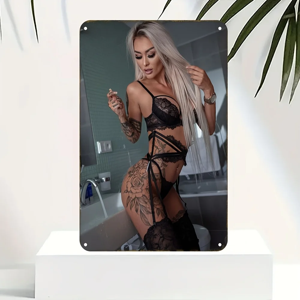 Frameless Art Tin Painting - Stylish Blonde Female Figure in Lingerie, Durable Waterproof Metal Wall for Home, Kitchen, Bedroom,
