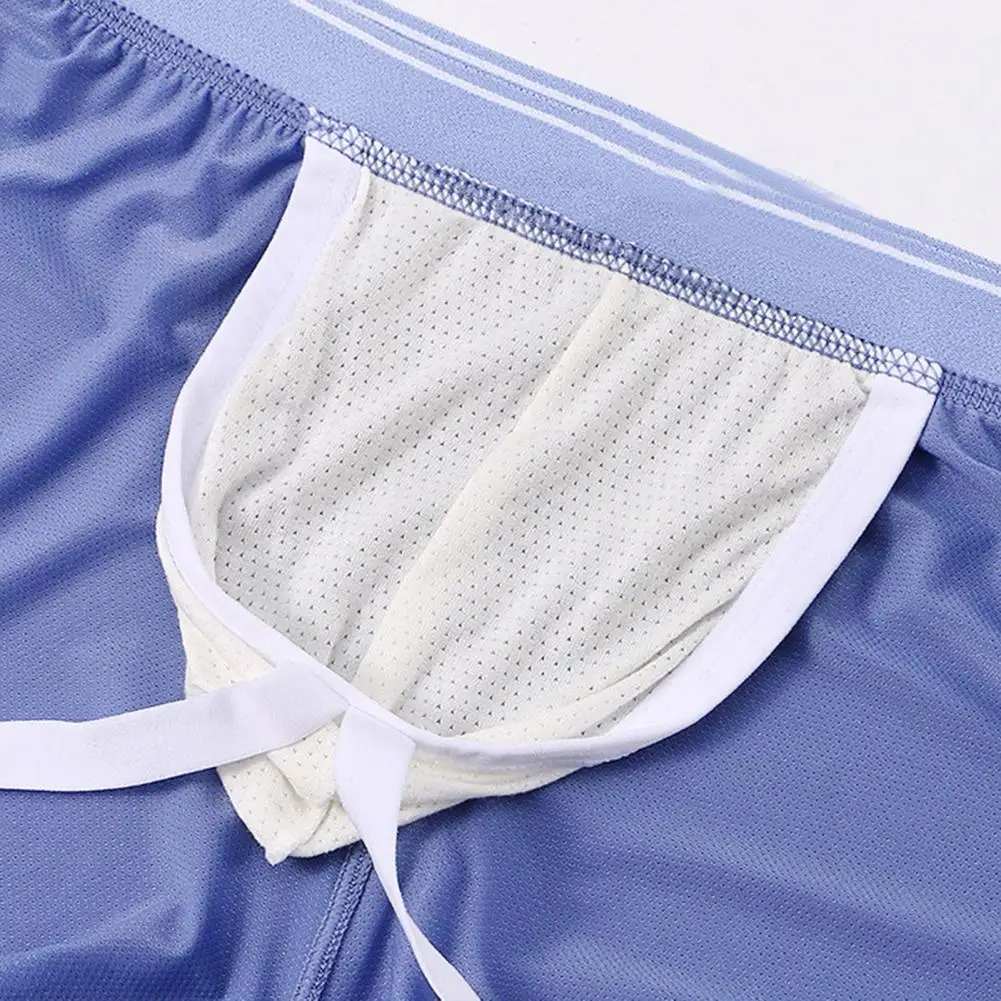 Men Underwear Ice Silk Wide Waistband Breathable Mesh Shorts Panties Solid Color Side Slit Loose Fit Underpants Summer Homewear