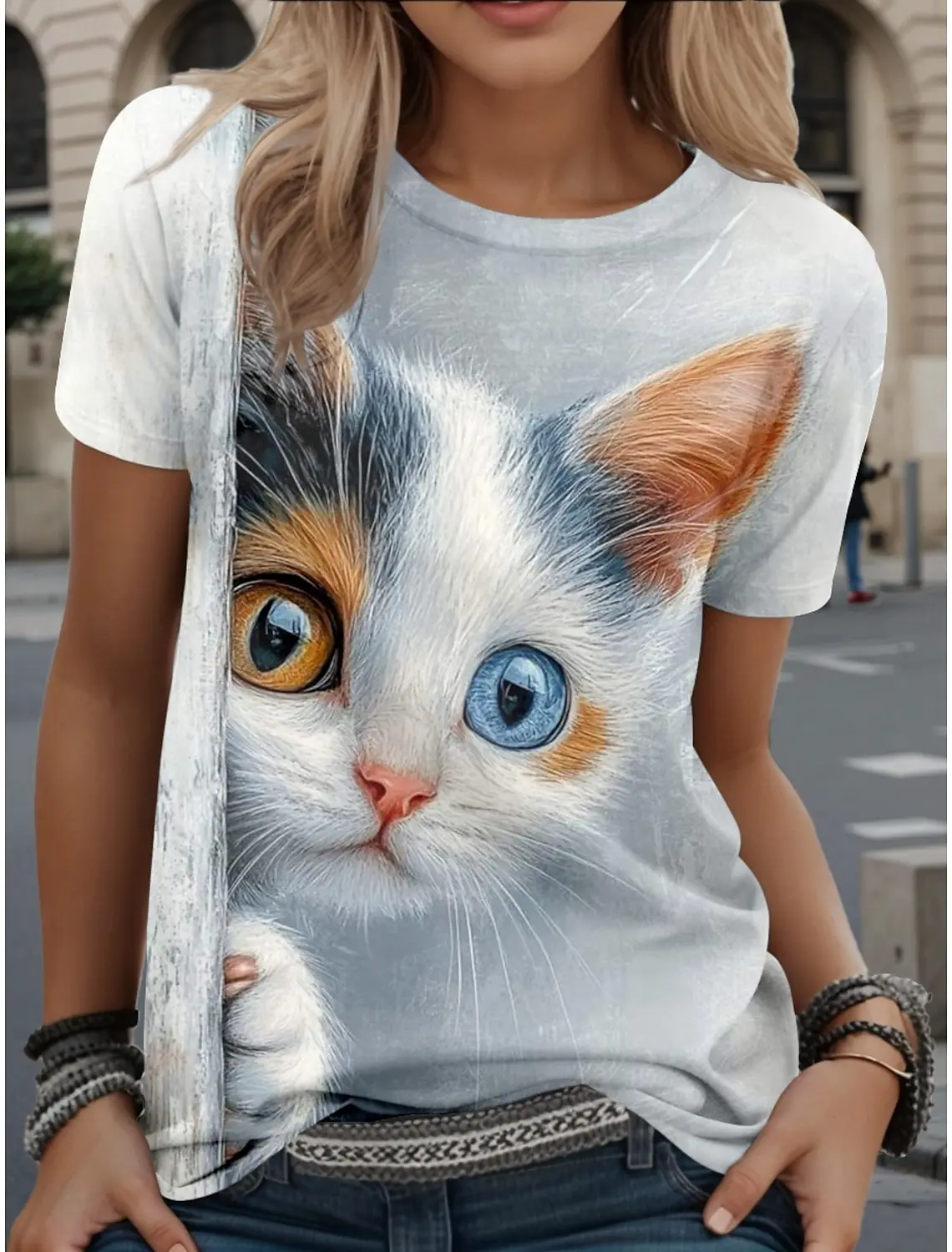 เสื้อยืดแฟชั่นฤดูร้อนลายสัตว์สำหรับผู้หญิง สไตล์น่ารัก พิมพ์ลายแมว แขนสั้น คอกลม ทรงปกติ