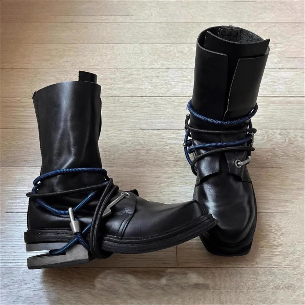 90S Vintage Boots for Men Black Leather Round Toe Cable Hiking Hooks Straps Metal Thick Heel Lace-Up Mid Calf Boot Male Shoes