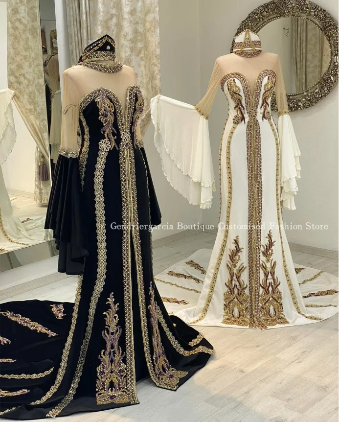 Luxury Embroidered Evening Gowns Long Sleeve Split Applique A-Line Marocca Robe Formal Occasion Customised Wedding Dresses