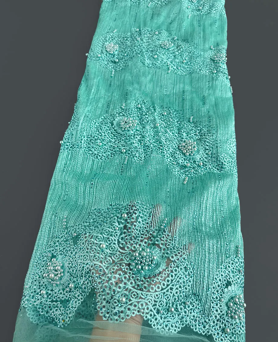 Plain Aqua Yellow Big Heavy Bridal Tulle Lace African French Mesh Sewing Fabric with Lots of Beads Stones High Quality