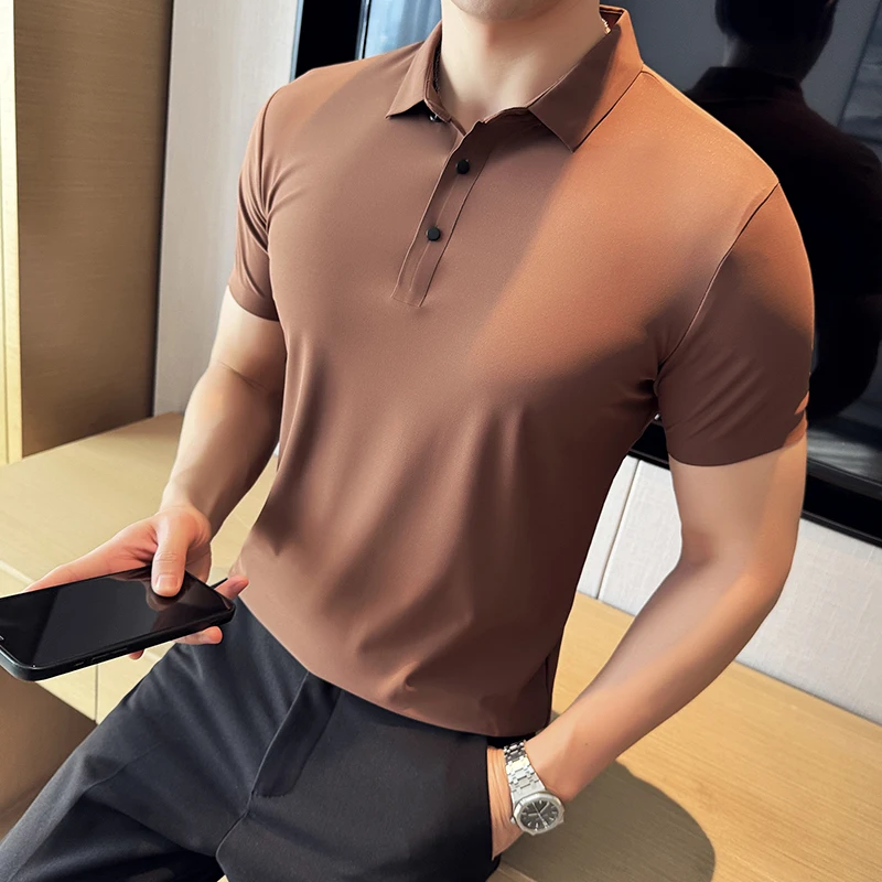 Ice Silk High Elastic Seamless T-shirt ,Summer Thin Polo Shirt, Solid Color Polo Collar Short Sleeve Brown Top, Business Leisure