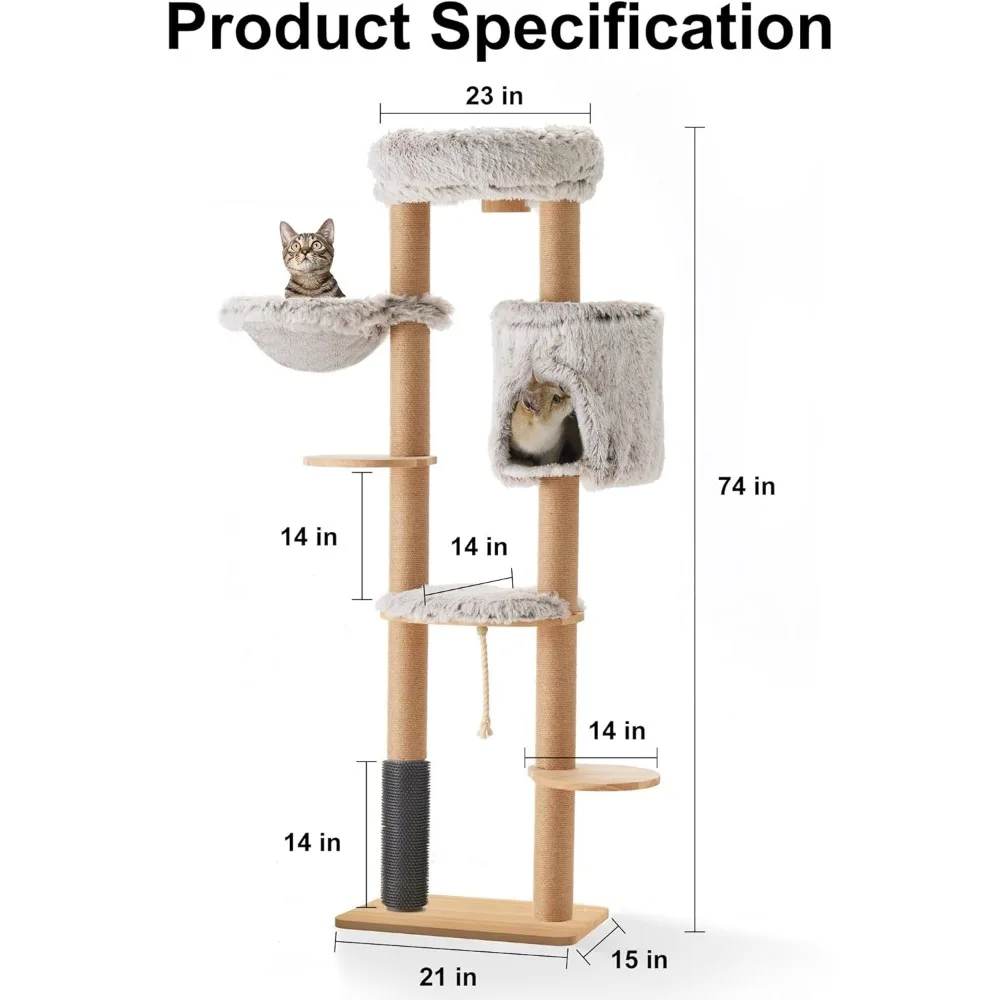 Torre para gatos de 74 pulgadas montada en la pared, árbol para gatos de varios niveles alto con poste rascador de yute, cesta colgante, percha para gatos extragrande