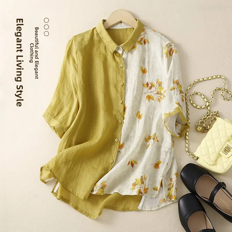 

Женская блузка с цветочным принтом в стиле ретро, лоскутная конопляная блузка с дизайном irt Sensation, хлопковый материал, пуговицы для поездок на работу, све