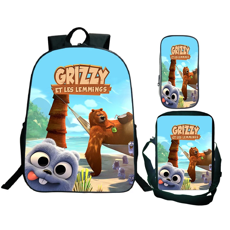 3 Pcs Set Grizzy And The Lemmings Print Backpack Funny Cartoon School Bag Laptop Bag Lightweight Children Schoolbag Set for Boys