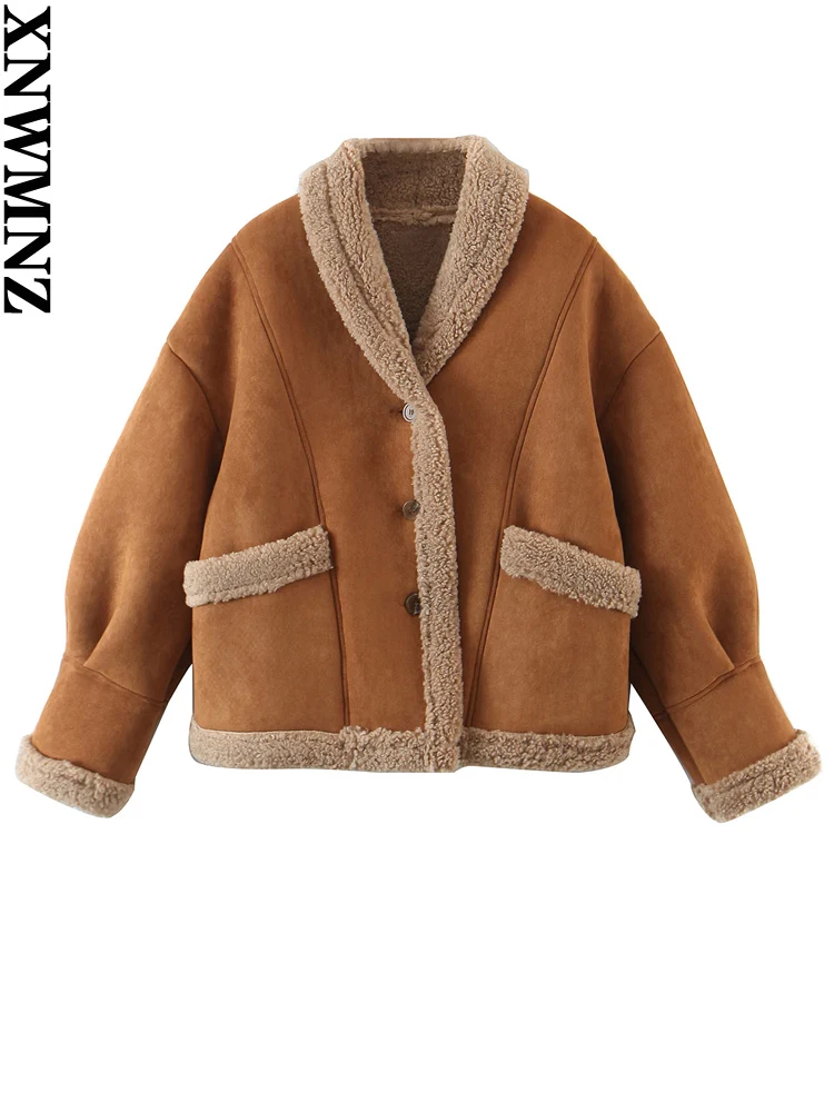 XNWMNZ Fall Winter Women\'s Fashion Loose Pocket Jacket Women\'s Retro Suede Lamb Wool Warm Coat