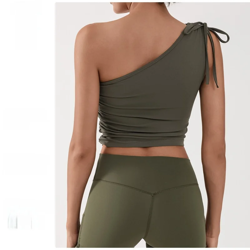 

Yoga Vest for Women Single Shoulder Pleated High Elastic Quick-Drying Sports Fitness Training Top with Chest Pad