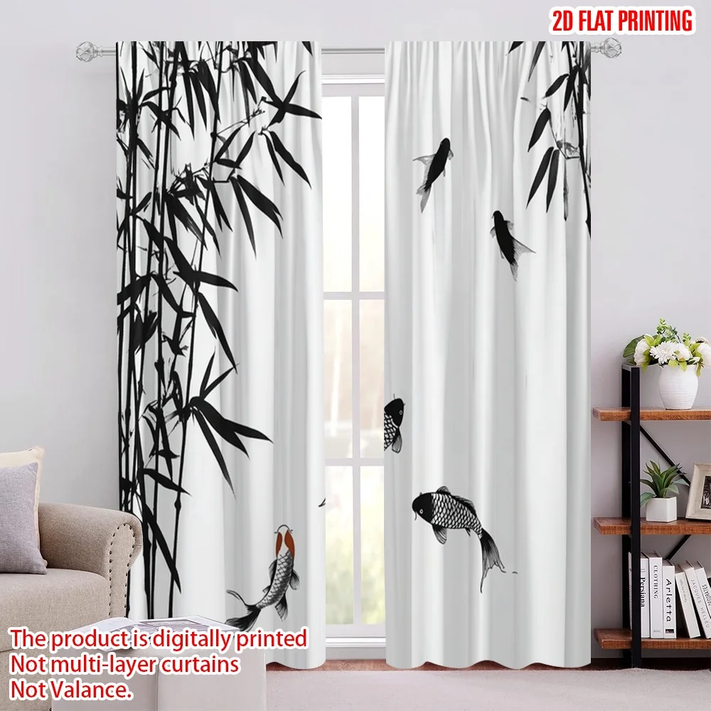 2 قطعة ستائر نافذة مطبوعة مسطحة ثنائية الأبعاد من الخيزران وأسماك كوي (2) ستائر بوليستر مطبوعة رقمية للاستخدام في العطلة لغرفة النوم