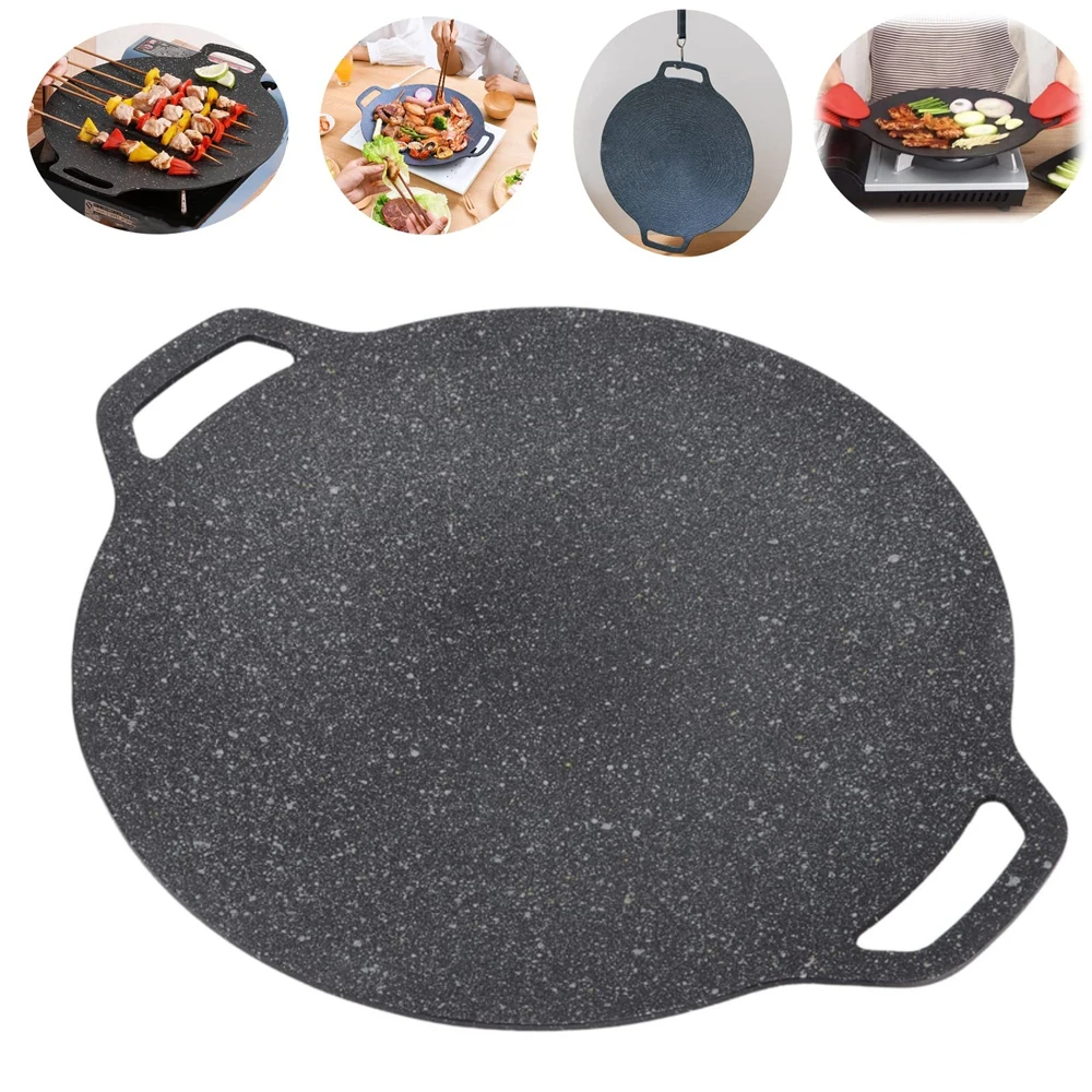 Sartén para parrilla de barbacoa coreana, revestimiento de piedra médica, plancha redonda de mármol antiadherente para acampar con mango para hornear, asar y barbacoa, 1 ud.