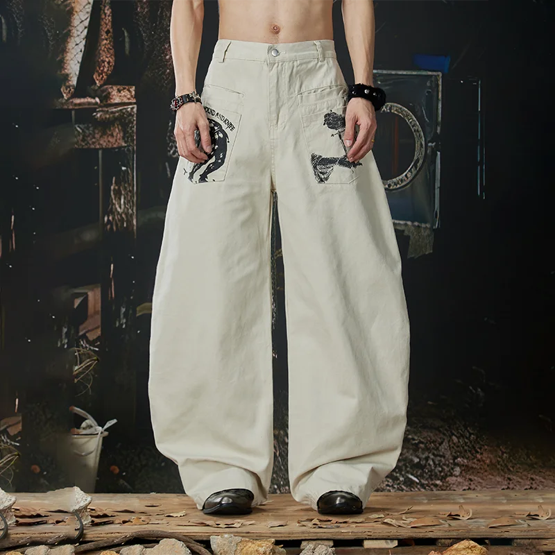 

MWJLPWQ Men's Graffiti Street Print Machete Jeans Reverse Pocket Design High Street Tide Loose Workwear Wide Leg Trousers 14213