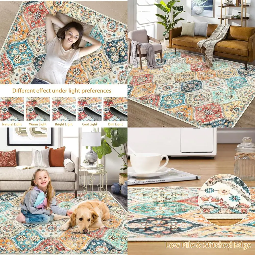 

Vintage Moroccan Trellis 5x7 Rug, Machine Washable, Distressed Medallion, Stain Resistant, Non-Slip, Cream Accent Rug for Coffee