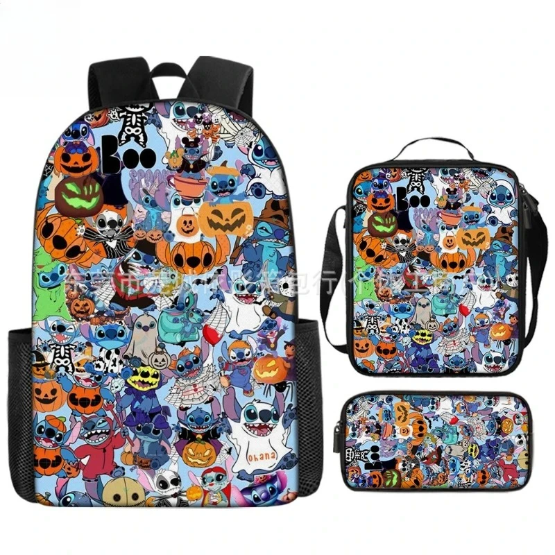 Stitch Halloween 3/pcs Backpack Set Pumpkin Ghost Spider Web Print Kids School Backpack + Lunch Bag + Pencil Case Casual