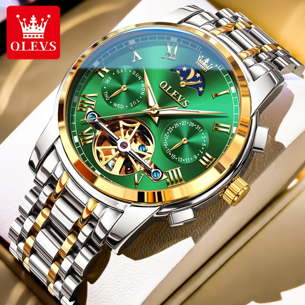 

OLEVS Brand New Luxury Tourbillon Mechanical Watch for Men Stainless Steel Waterproof Fashion Moon Phase Business Mens Watches