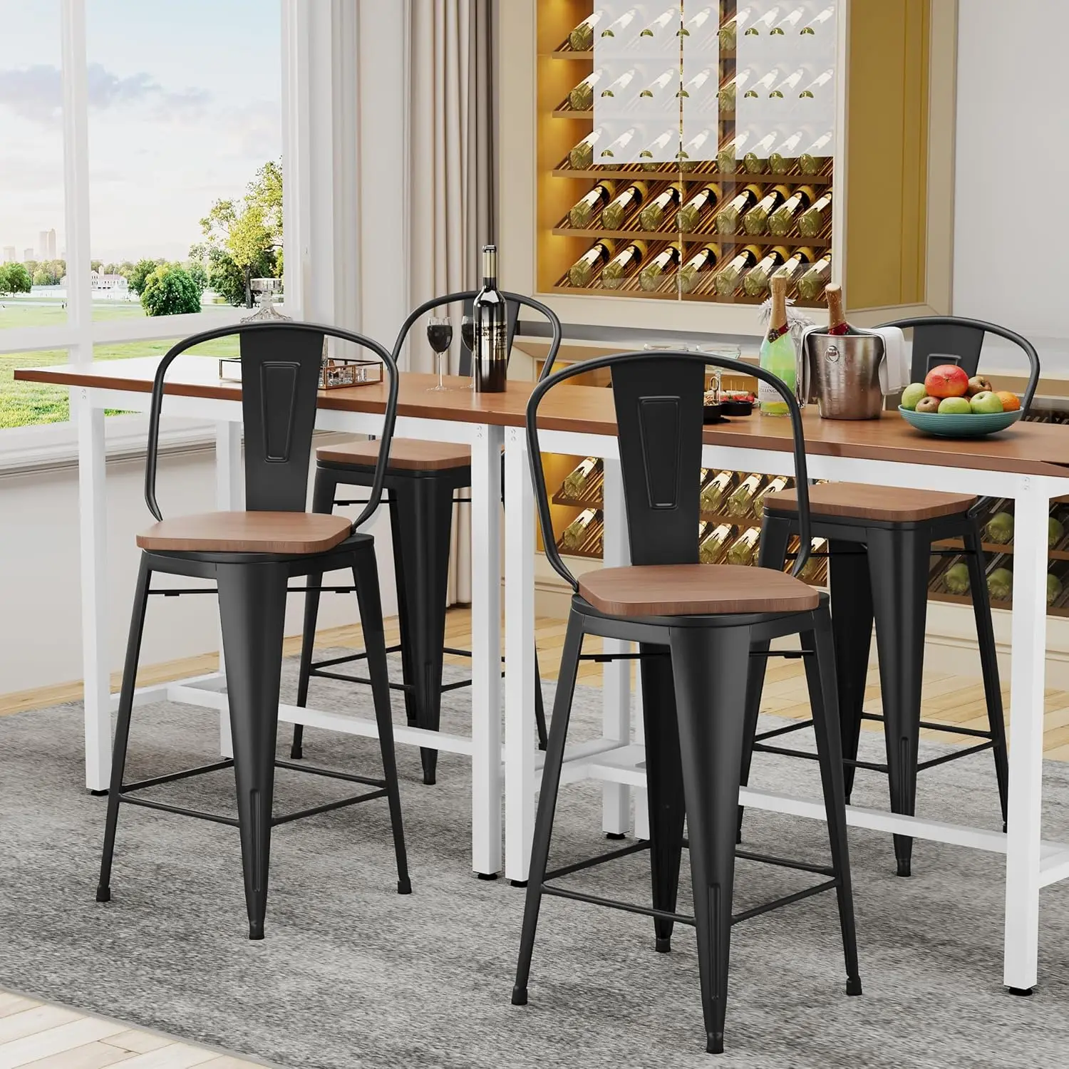 Swivel Metal Bar Stools, Costas altas, Estilo Industrial, Restaurante Altura, Conjunto de 4, 26"