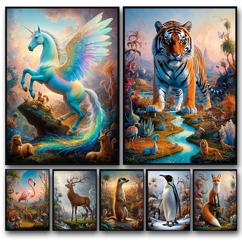 Póster de animales de fantasía, pintura abstracta en enorme de tigre, dragón, caballo, Pegaso, León, imagen artística de pared para decoración del hogar y la sala de estar