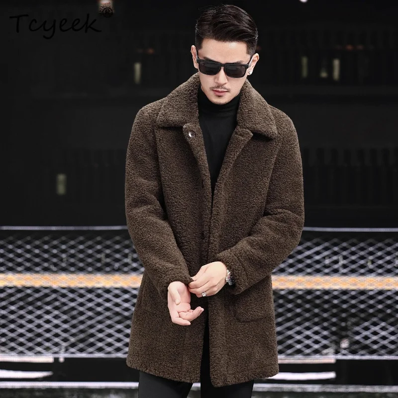 Tcyeek Genuine Leather and Fur Integrated Coat Men's Clothing Mid-length Lapel Collar Jacket Male Winter Thickened Coats Roupas