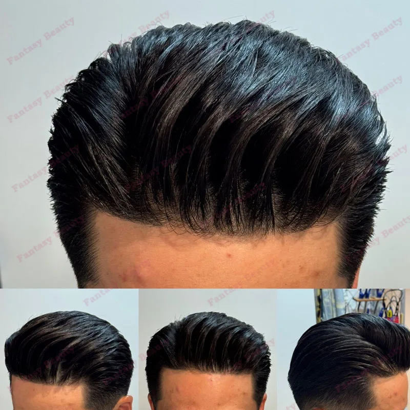6Inch Long Jet Black Silky Straight Human Hair Natural Hairline Men's Toupee Super Durable Full Skin Base Man's Hair Prosthesis