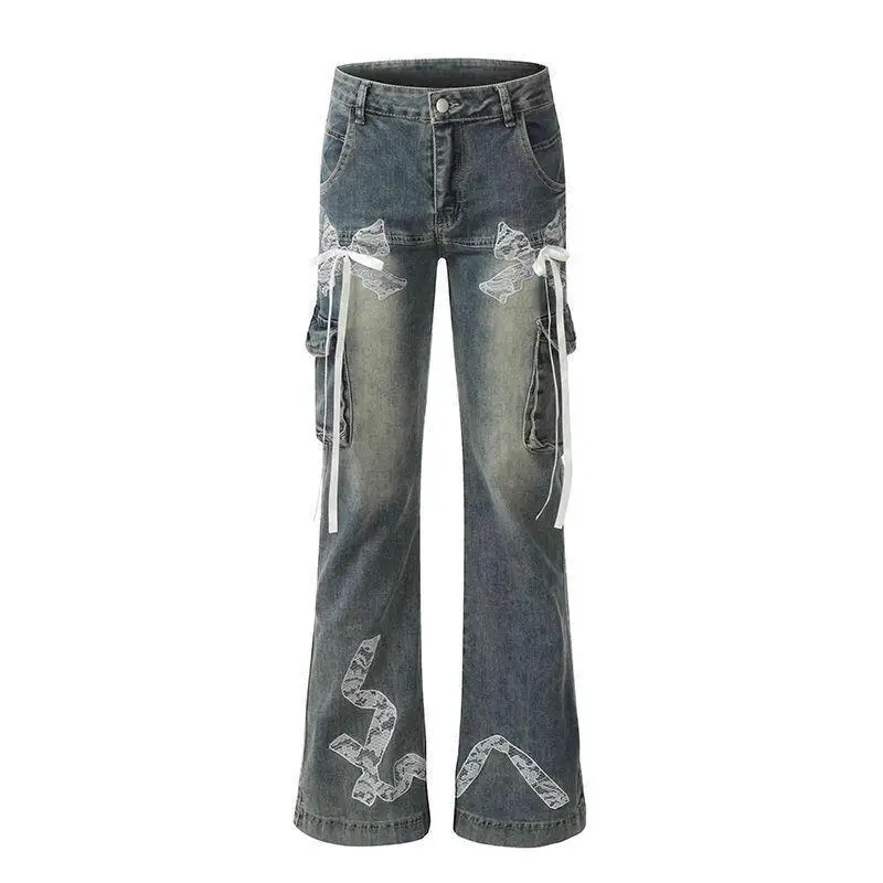 

Women's Pants American Y2K Retro Lace Bow Micro Flared Jeans Women's Spring and Autumn High Waisted Horseshoe Pants