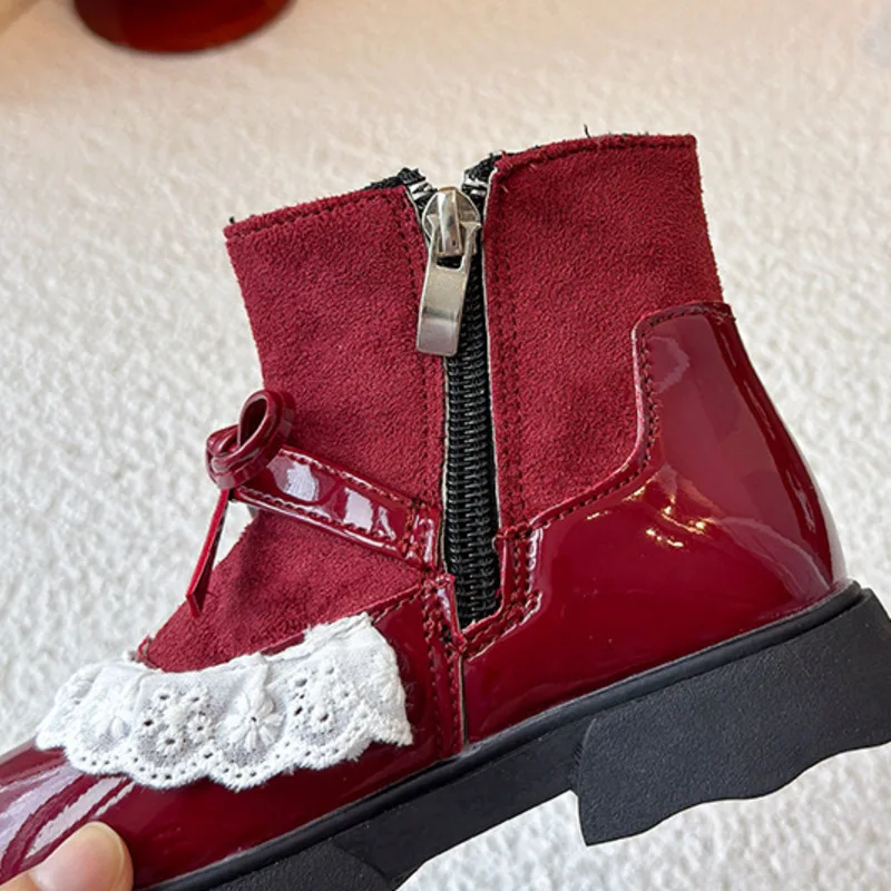 القوس الدانتيل الكشكشة الاطفال أحذية الموضة بولي Patchwork المرقعة البريدي الأميرة أحذية للفتيات الشتاء أفخم القطن الأطفال حذاء من الجلد