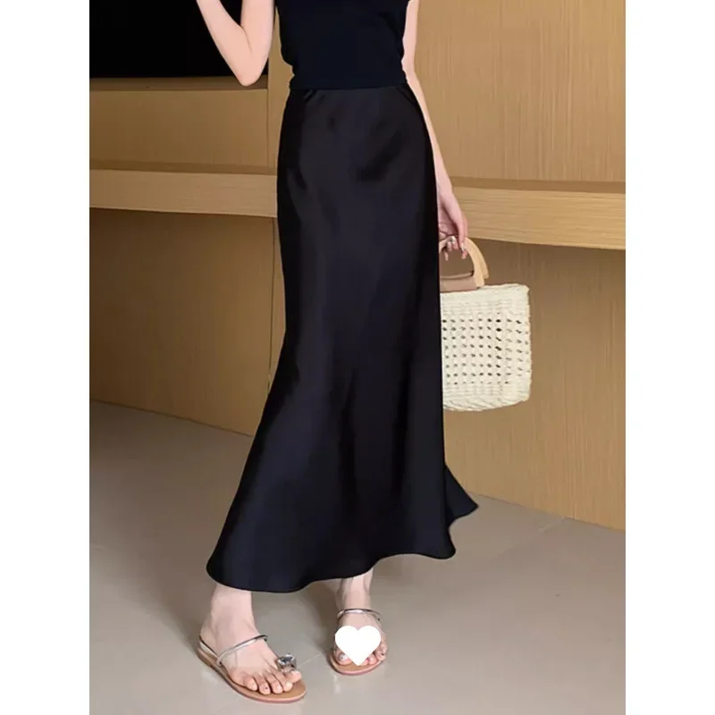 plus Size Satin Fish Tail Midi Skirt Women's Design Sensation High Waist Slimming Bodycon Summer Casual Half-length Skirt