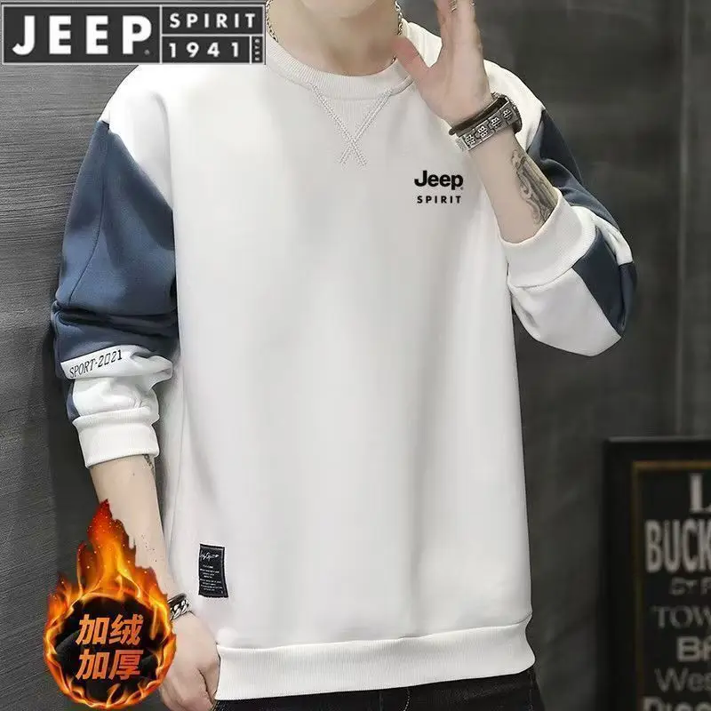JEEP 2026 Autumn Winter Men's Hoodie, Thick Fleece Lined Crew Neck Sweatshirt