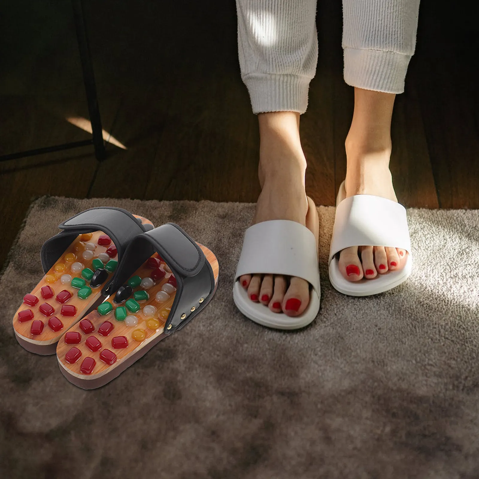 Pair Cobblestone Massage Slippers Black Size 35-36 Foot Acupoints Sandals PU Eva Material Foot Health Massage Shoes for Indoor