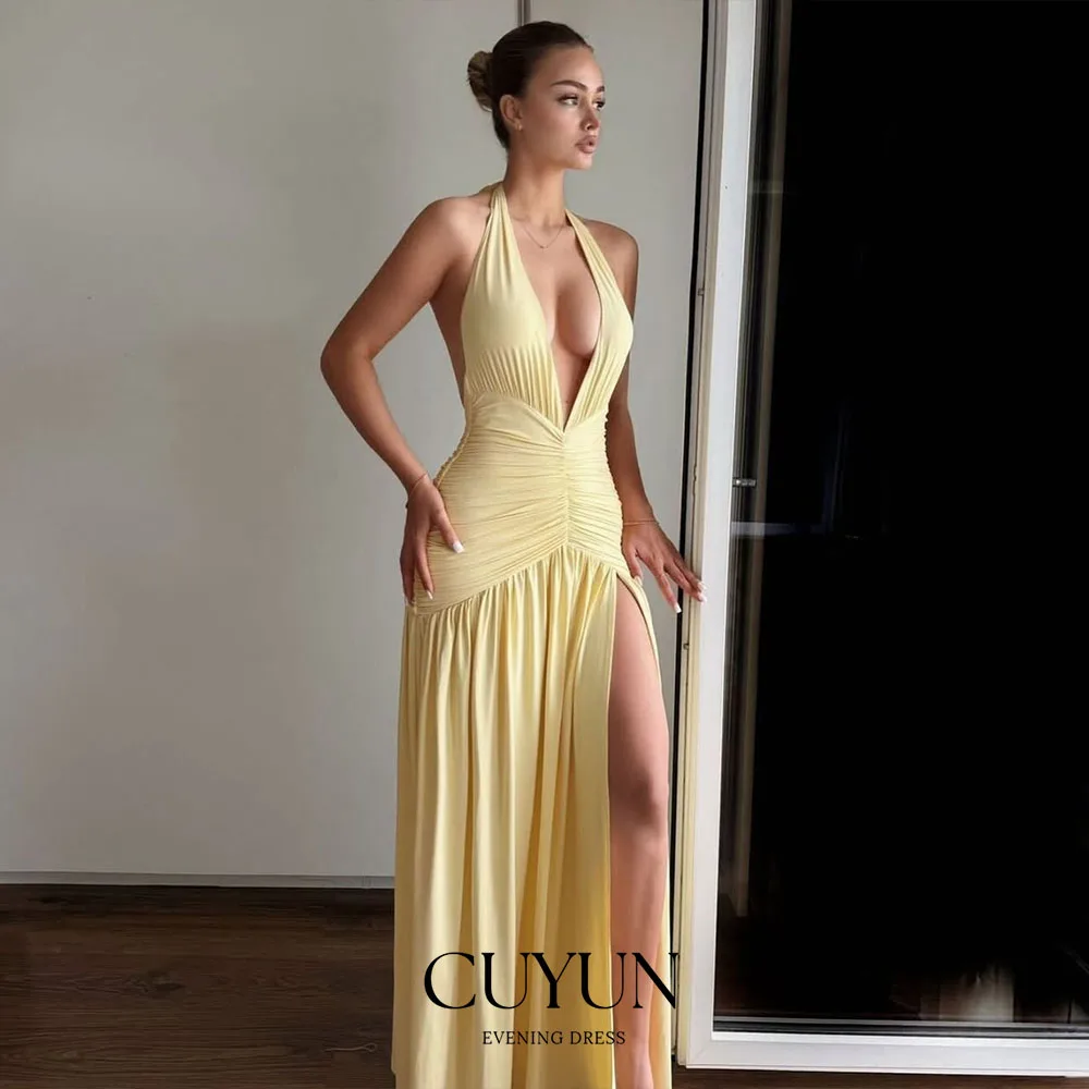 

CUYUN Deep V-Neck High Slit Sexy Prom Dresses Halter Backless Yellow Women Night Club Dresses Customized Party Gown