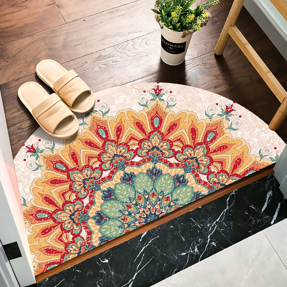 Entrance Doormat Anti Slip Floor Mat Boho Style Bedroom Carpet Half Round Enthnic Strong Water Absorbent Bath Mats Bathroom Rugs