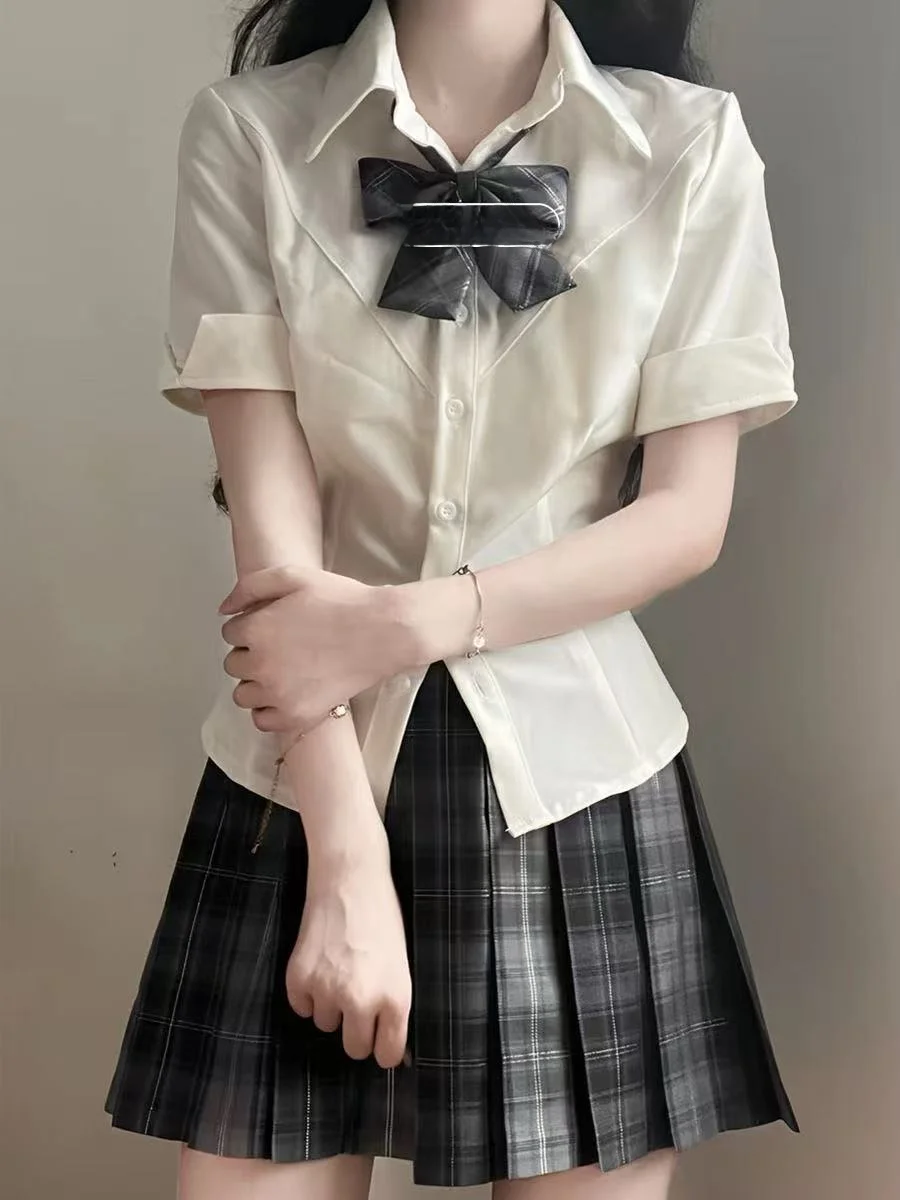 White Original Authentic Short Sleeve Shirt Waist Cinched Uniform Top Girl Set Summer School Polyester Button up  Neck Th...