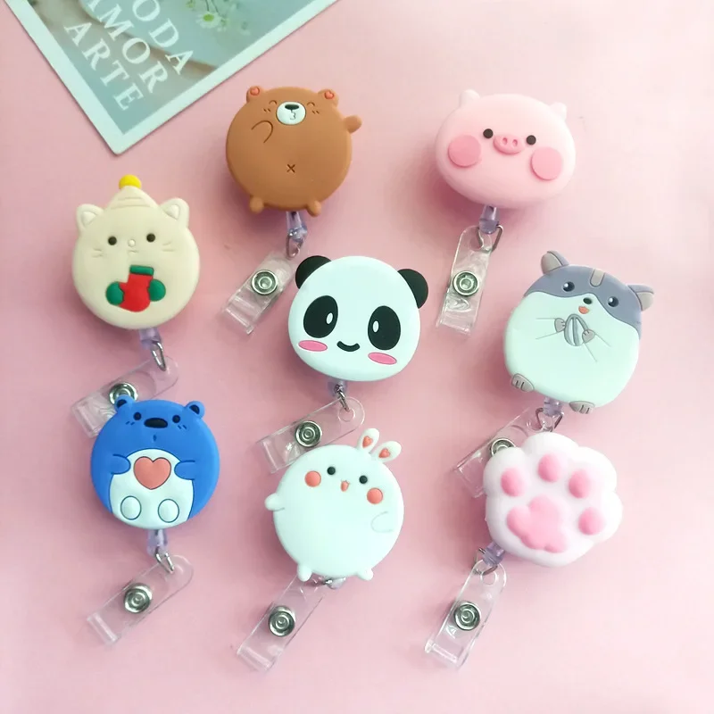 Kawaii Animal Badge Reels Cartoon Piglet Panda Hamster Cat Paw Badge Reels Work Card ID/IC Card Holder Accessories